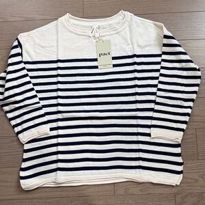 Pact Organic Cotton Navy and Cream Striped Fine Knit Wide Neck Sweater
